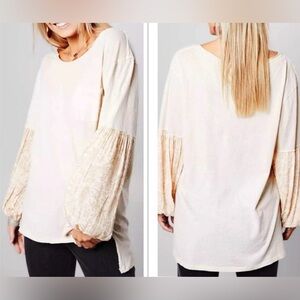 Free People Women’s Cream Blouse with Textured Long Sleeves, Large. 100% Cotton